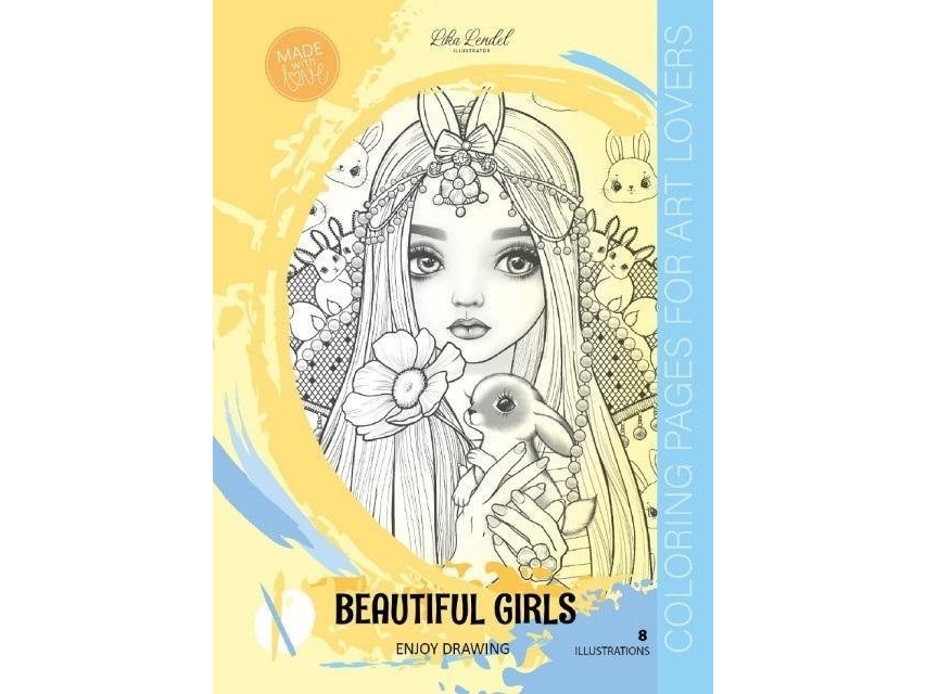 Farvebog A4 med 8 billeder Beautiful Girls, gul