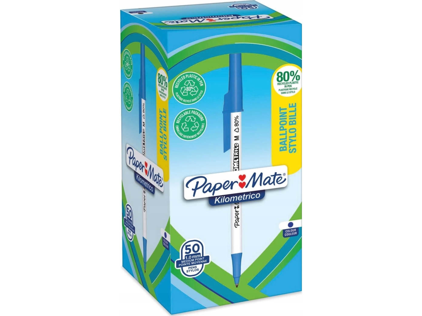 Paper Mate Kilometrico kuglepenne | Lang skrivning med mellempunkt (1,0 mm) | Blåt blæk | 80% genanvendt plast | 50 Stk
