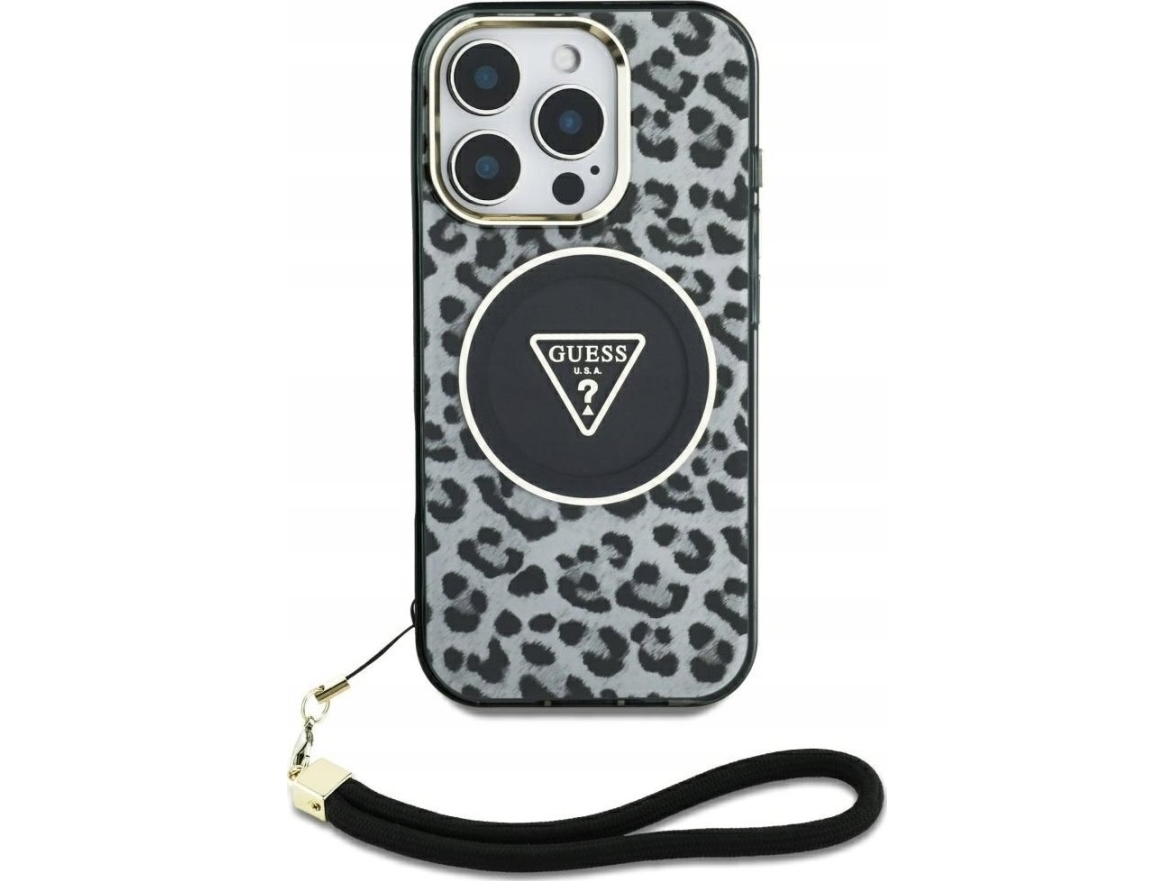 Guess Hc Iml Leopard Triangle Cord Strap Case For Iphone 16 Magsafe Black