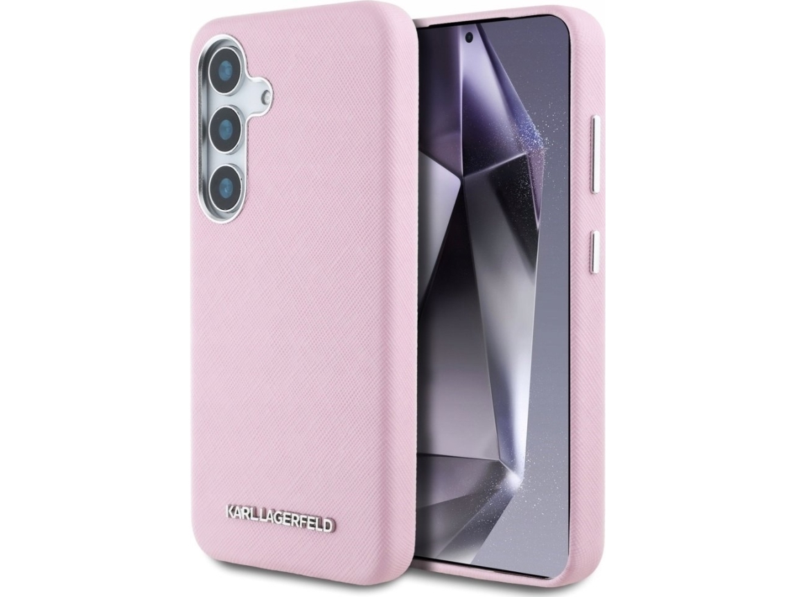Dėklas Karl Lagerfeld Saffiano Full Wrapped Elongated Metal Logo Magsafe Samsung Galaxy S25 Plus Dėkals Telefonui Rožinės Spalvos