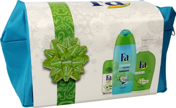 Fa Gave-kosmetiktaske (Kokosnøddevand Shower Gel 250ml+Deo roll-on Fresh 50ml+Hygiejnesæbe 250ml )