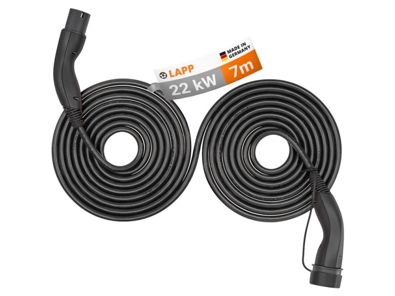 Type 2 selvoptrækkende opladningskabel, op til 22 kW, 7 m, sort