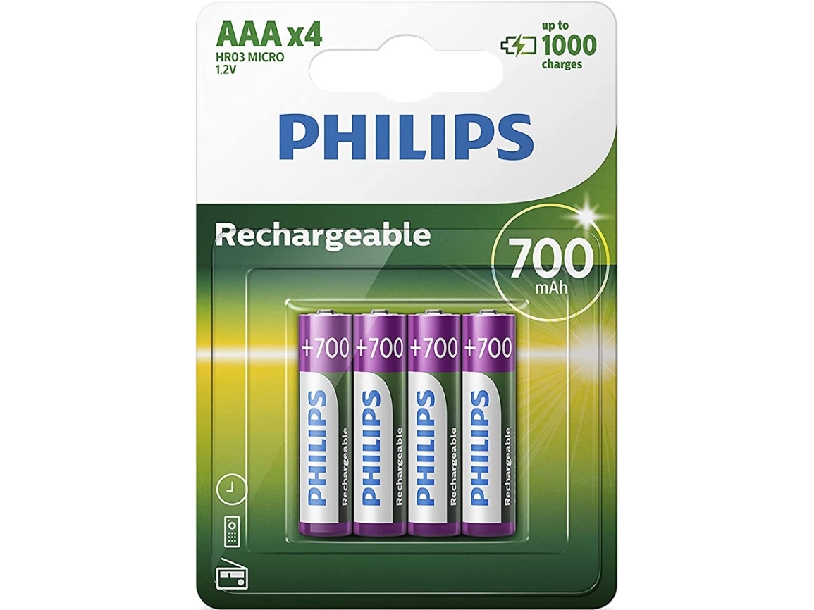 Philips Rechargeables Akku R03b4rtu10/10, Wiederaufladbarer Akku, Aaa, Nickel-Metallhydrid (Nimh), 1,2 V, 1000 Mah, Cd (Cadmium), Hg (Quecksilber)