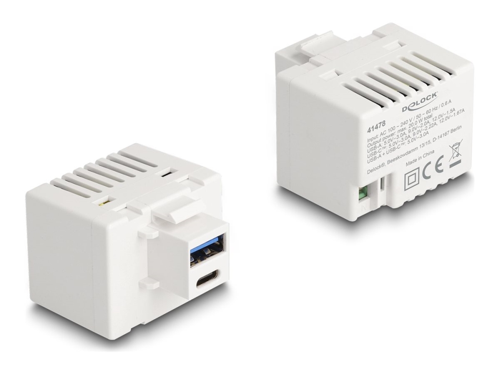 Delock - Strømforsyningsadapter - 20 Watt - 3 A - Pd - 2 Output-Stikforbindelser (Usb Type A, Usb-C) - Hvid