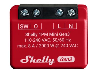 Shelly 1PM Mini Gen3 - Reläomkopplare - trådlös - 802.11b/g/n, Bluetooth 4.2 - 2.401 - 2.495 MHz - röd | EL Artiklar - Elcentral - Relä og kontaktor | GameStuff