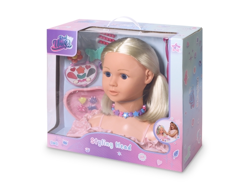 Real Uniq, Blond Frisør- Og Sminke Hoved M. Tilbehør Og Makeup.