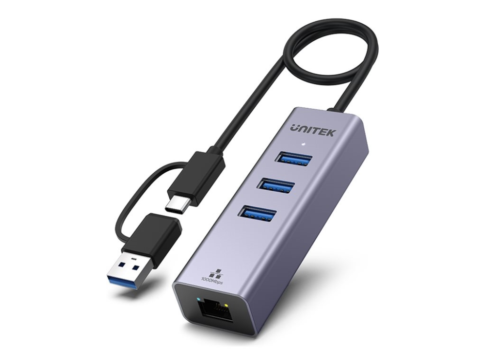 Unitek 4-In-1 Ethernet Hub - Hub - 3 X Superspeed Usb 3.0 + 1 X 1 Gigabit Ethernet - Desktop