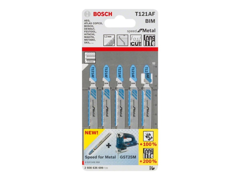 Bosch Speed For Metal T 121 Af - Stiksavsklinge - For Tyndt Plademetal, Perforerede Stålark - 5 Stykker - T-Skaft - Længde: 92 Mm