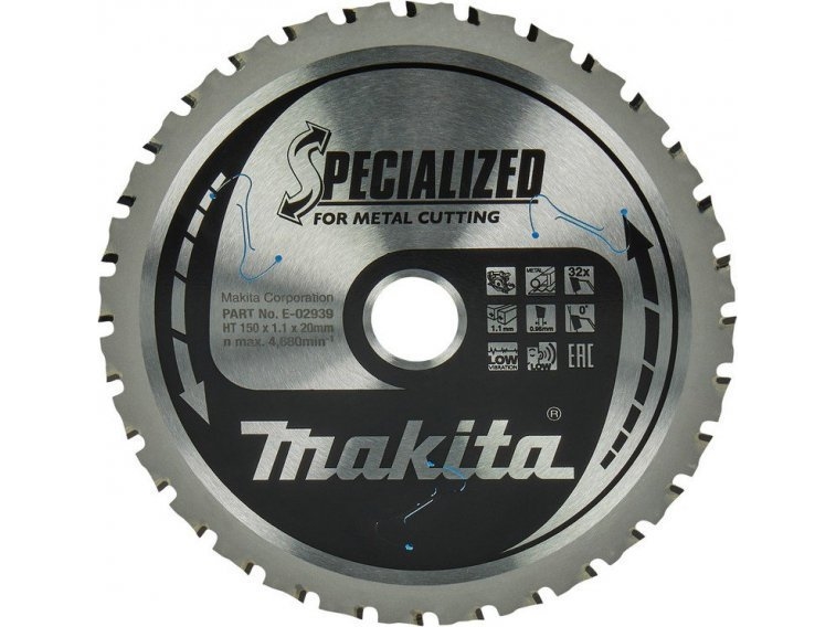 Makita T.C.T. Pjūklas Specialized 150X1.1X20mm 0° T32 E-02939 T.C.T • 150 X20 Mm • T32 • 0° • Metalui