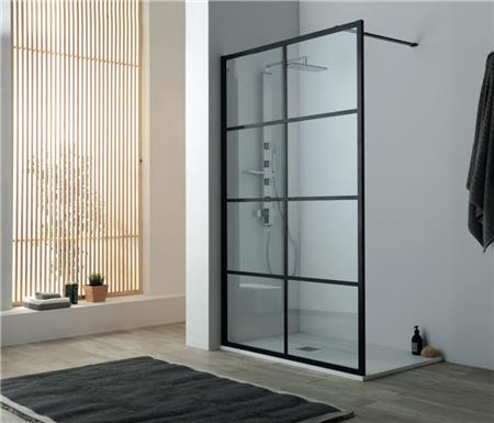 Walk in glas brusevæg 120 x 200 cm - matsort pulverlakeret aluminium profiler - 8 mm hærdet glas