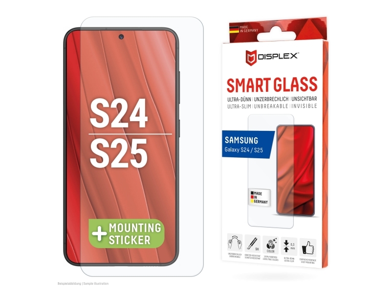 Displex 01906, Samsung, Galaxy S24, Galaxy S25, Tør Påføring, Støvresistent, Slagbestandig, Ridseresistent, Transparent, 1 Stk