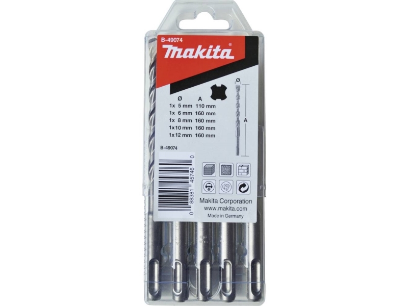 Makita Bohrer-Set V-Plus Nr. 3 B-49074 Kunststoff-Steinspiralbohrer 5,0 Mm, 6,0 Mm, 8,0 Mm, 10,0 Mm, 12,0 Mm Sds-Plus 1 St