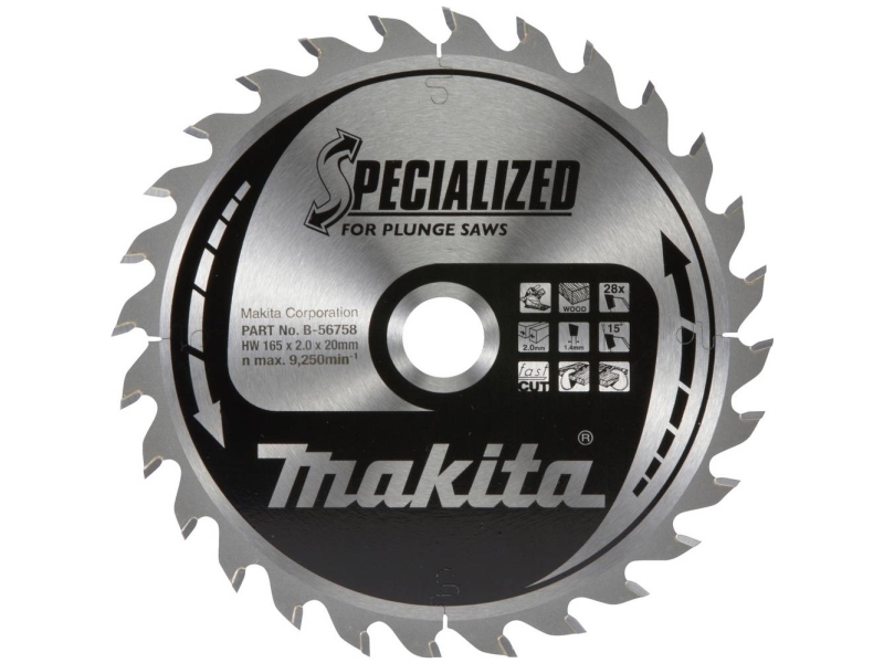Makita T.C.T. Pjūklas Specialized 165X2x20mm 15° T28 B-56758 T.C.T • 165 X20 Mm • T28 • 15° • Medienai