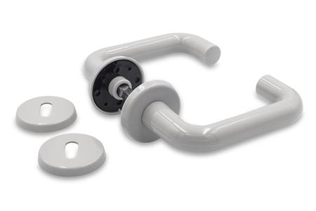 U-format dörrhandtag i grått med 6 mm klickrosett. För innerdörrar. Inklusive nyckelkilar (Ø52 mm), skruvar och bussningar för montering. | Huset - Säkerhet & Larm - Åtkomstkontrollsystem | GameStuff