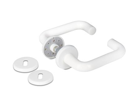 U-format dörrhandtag i vitt med 6 mm klickrosett. För innerdörrar. Inklusive nyckelkilar (Ø52 mm), skruvar och bussningar för montering. | Huset - Säkerhet & Larm - Åtkomstkontrollsystem | GameStuff