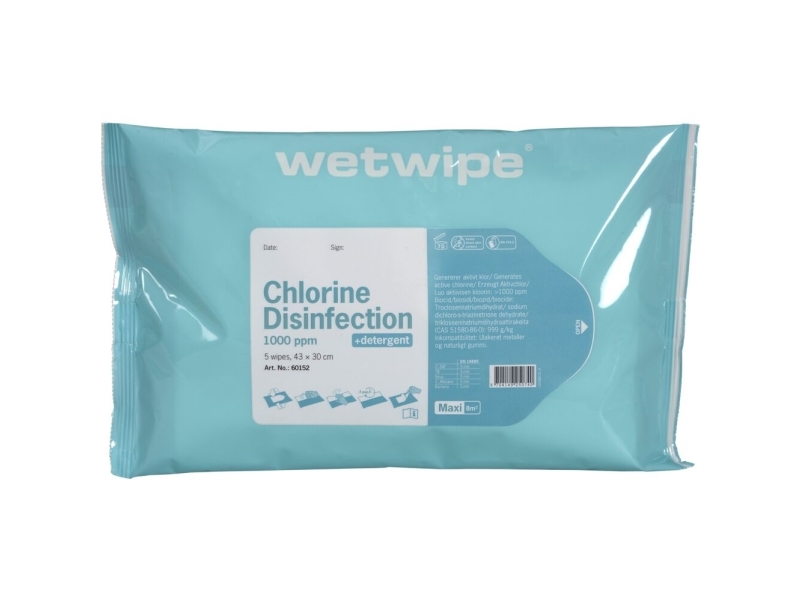 Overfladedesinfektion, Wet Wipe, Maxi, 43x30cm, med 2000 ppm aktiv klor, vand
