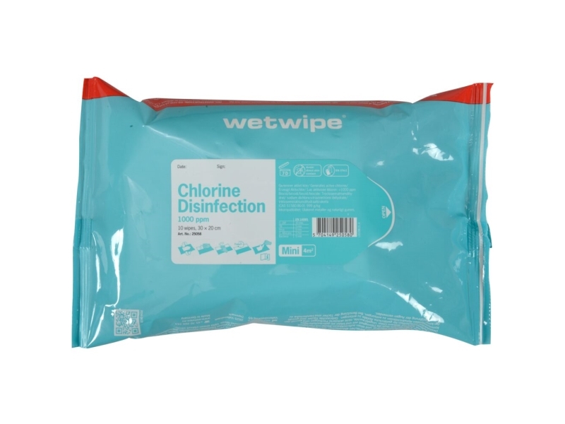 Overfladedesinfektion, Wet Wipe, Mini, 30x20cm, med 1000 ppm aktiv klor, vand
