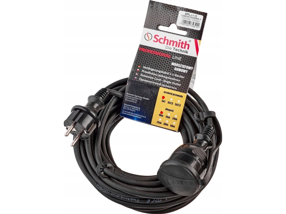Rubber extension cable, 3x1.5mm cable, 15m, black Schmith SPPLJ-2-15