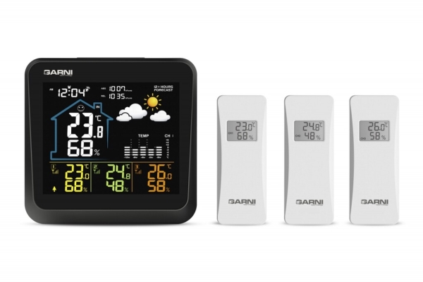Garni 502, Schwarz, Weiß, Innen-Luftdruck, Innen-Hygrometer, Innen-Thermometer, Außen-Hygrometer, Außen-Thermometer, 1 - 99%, 1 - 99%, 1%, 0,1 °C
