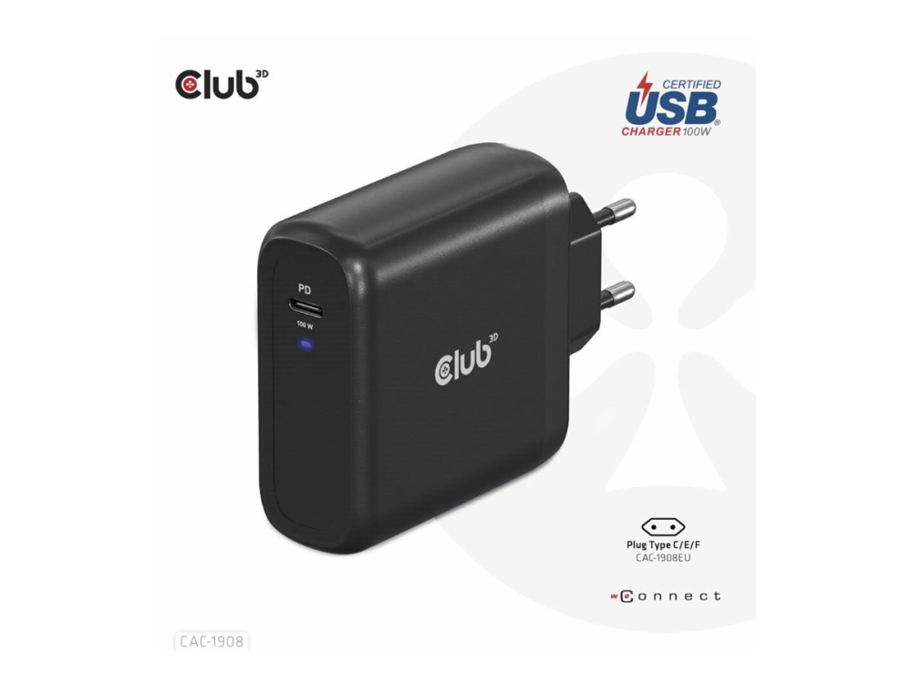Club3d Reiseladegerät 100 Watt Gan-Technologie, Usb-If Tid-Zertifiziert, Einzelanschluss Usb Typ-C, Power Delivery (Pd) 3.0-Unterstützung, Indoor, Us