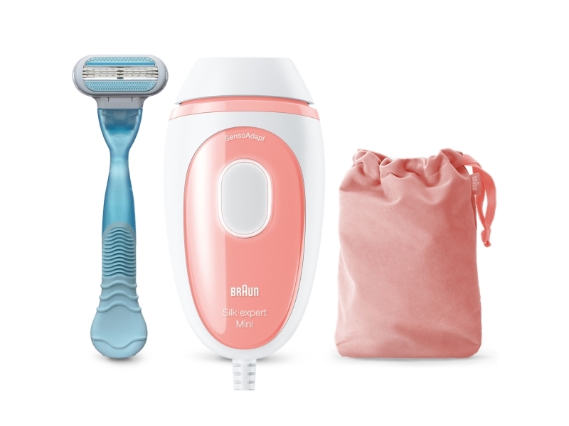 Braun Silk-expert Pro Silk-expert Mini, Vaaleanpunainen, Valkoinen, Intensiivinen pulssivalo (IPL), vatsa, kainalot, bikinit, leukalinja, ylähuuli, pulssi, 0,6 sekuntia/puoli