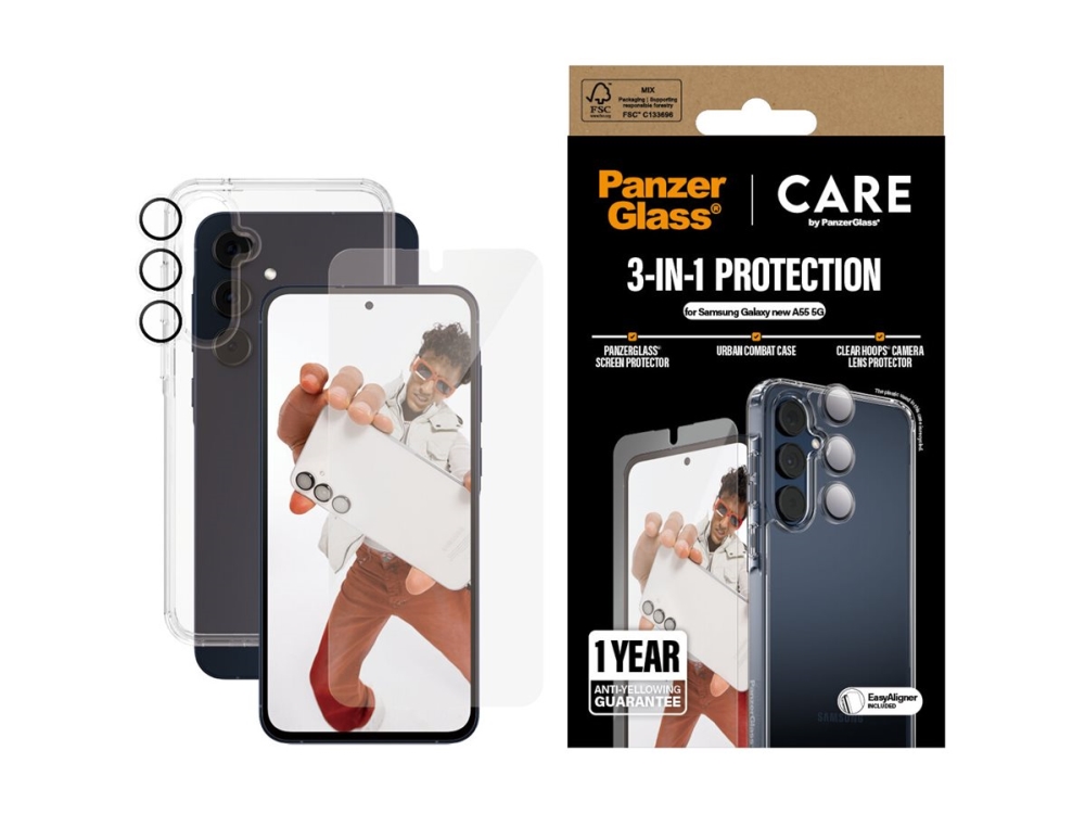 CARE by PanzerGlass - 3-i-1 beskyttelsespakke - beskyttende kasse til mobiltelefon - grov - flagskib - polyetylen tereftalat (PET), hærdet glas (super+), 100 % genbrugt polykarbonat, 100 % genbrugt thermoplastisk polyurethan (TPU) - gennemsigtig - med skærmbeskytter og objektivbeskytter - for Samsung Galaxy A55