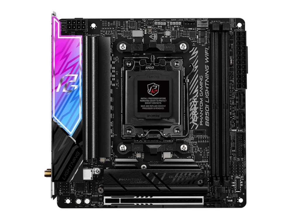 ASRock Phantom Gaming B850I LIGHTNING WIFI - Moderkort - mini ITX - Socket AM5 - AMD B850 Chipuppsättning - USB-C 3.2 Gen2, USB-C 3.2 Gen 1, USB 3.2 Gen 2, USB 3.2 Gen 1 - Wi-Fi 6E, Bluetooth, 2.5 Gigabit LAN - inbyggda grafiken (CPU krävs) - HD-ljud (8 kanaler) | Datorkomponenter - Moderkort - AMD Moderkort | GameStuff