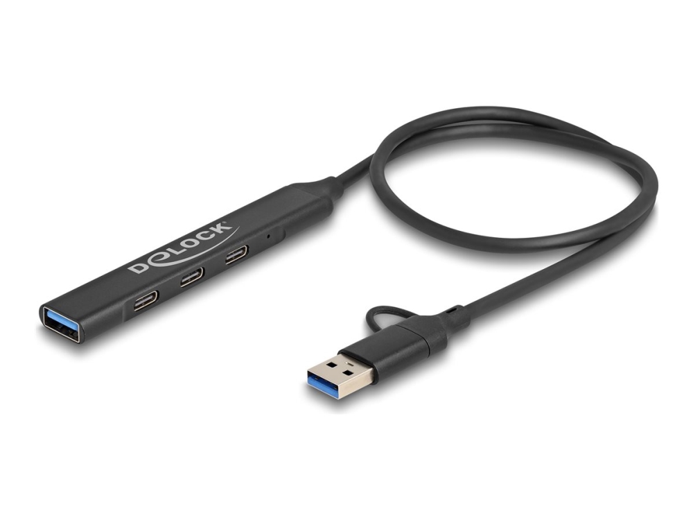 Delock 4 Port Slim Usb Hub Mit Usb Type-C Oder Usb Typ-A Zu 3 X Usb 5 Gbps Usb Type-C + 1 X Usb 5 Gbps Typ-A, Usb 3.2 Gen 1 (3.1 Gen 1) Type-C, Usb