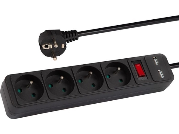 Blow Pr-470Wsp/Usb Tinklo Ilgintuvas 4 Lizdai+Usb Su Įžeminimu+Jungiklis 5M Juodas 3X1.5Mm