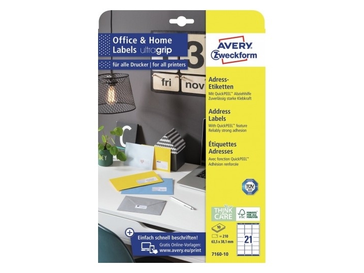 Avery 7160-10, Hvid, Rektandel, Permanent, 63.5 x 38.1 mm, A4, Papir