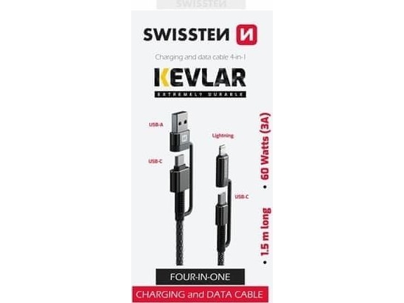 Swissten Kevlar Kabelis 4In1 / 3A / 1,5M