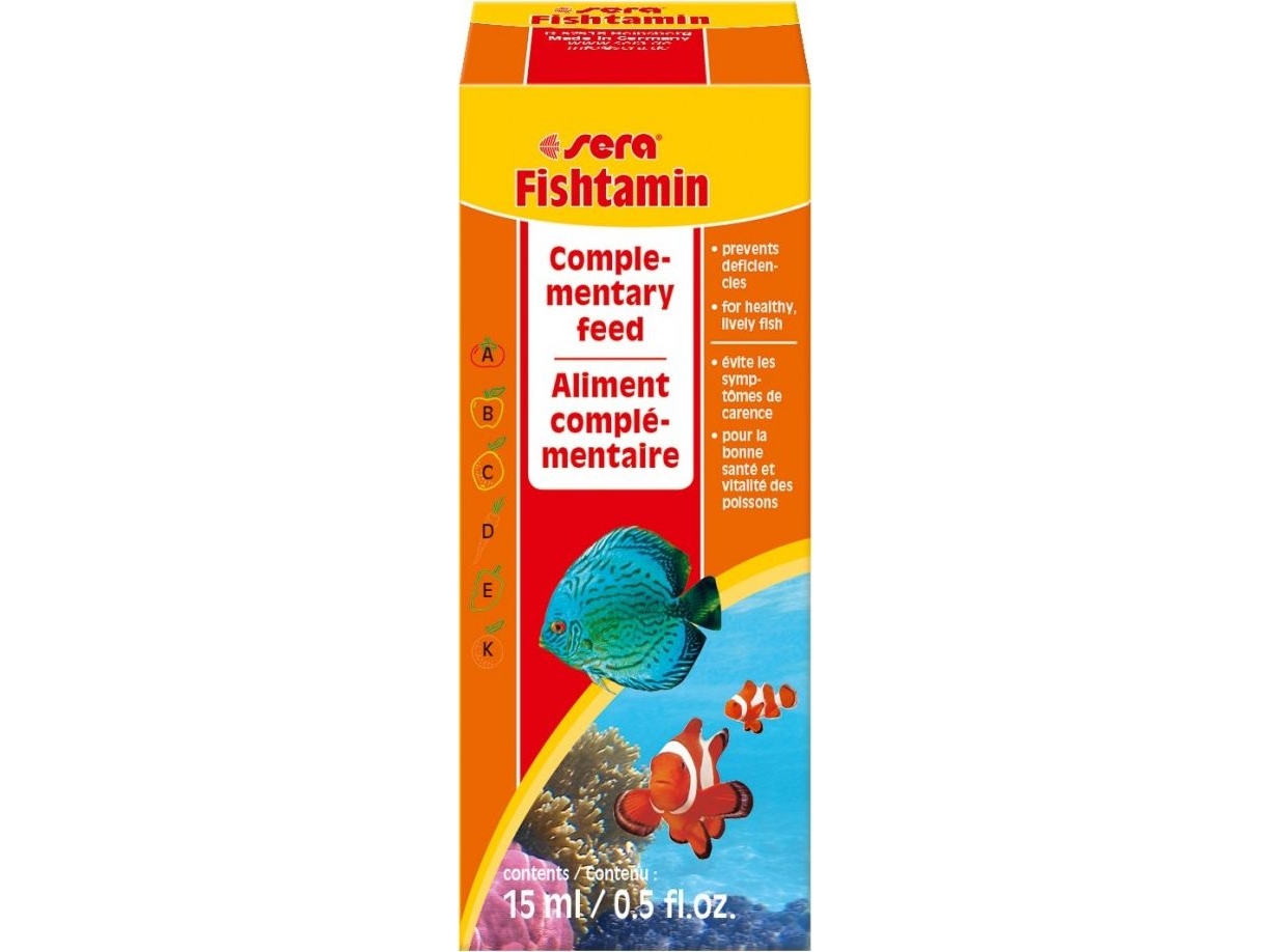 sera Fishtamin, Fisk, Vätska, Vitamin A, Vitamin B1, Vitamin B12, Vitamin B2, Vitamin B6, Vitamin B9 (folic acid), Vitamin D3,..., 15 ml, Water, vitamin blend, Shake well before using! Weekly drip 2 – 3 drops (in case of normally stocked, medium sized... | Sällskapsdjur - Fågel - Fågel mat | GameStuff