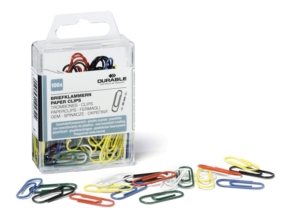 DURABLE - Pappersklämmor - rund - 26 mm - metall - plastöverdragen - blandade färger - paket med 100 | Kontorsmaterial - Kontorstillbehör - Papper clips | GameStuff
