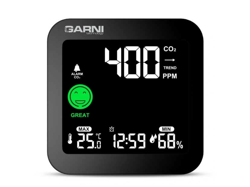Garni 201 Onecare, Sort, Kuldioxid (Co2), Indendørs Hygrometer, Indendørs Termometer, Hygrometer, Termometer, 1 - 99%, 1%, 400 - 5000
