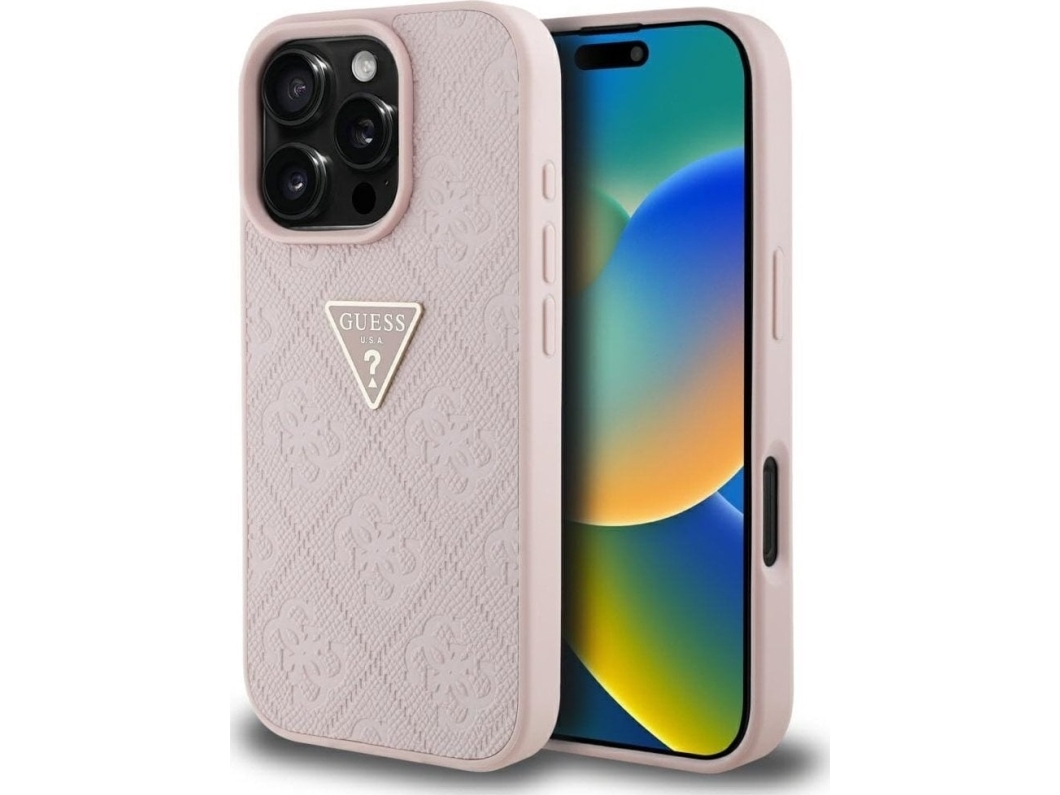 Guess Hot Stamp 4G Pattern Triangle Metal Logo Apple Iphone 16 Pro Phone Case Pink