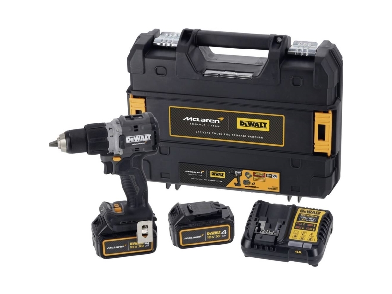 DEWALT Cordless Impact Drill DCD85MM2T, 18 Volt, in McLaren design grey/black, 2x Li-Ion XR batteries 4Ah, in T STAK box | Borrmaskin | GameStuff