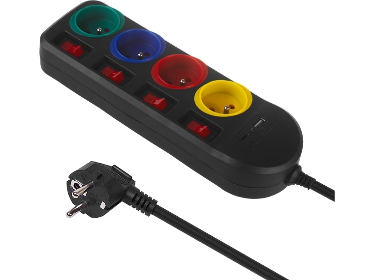 Maclean Steckdosenleiste, Verlängerungskabel 4 Steckdosen + Usb A/C, Mit Schalter, 250Vac/10A, 1,5M, Schwarz, Mce508 B