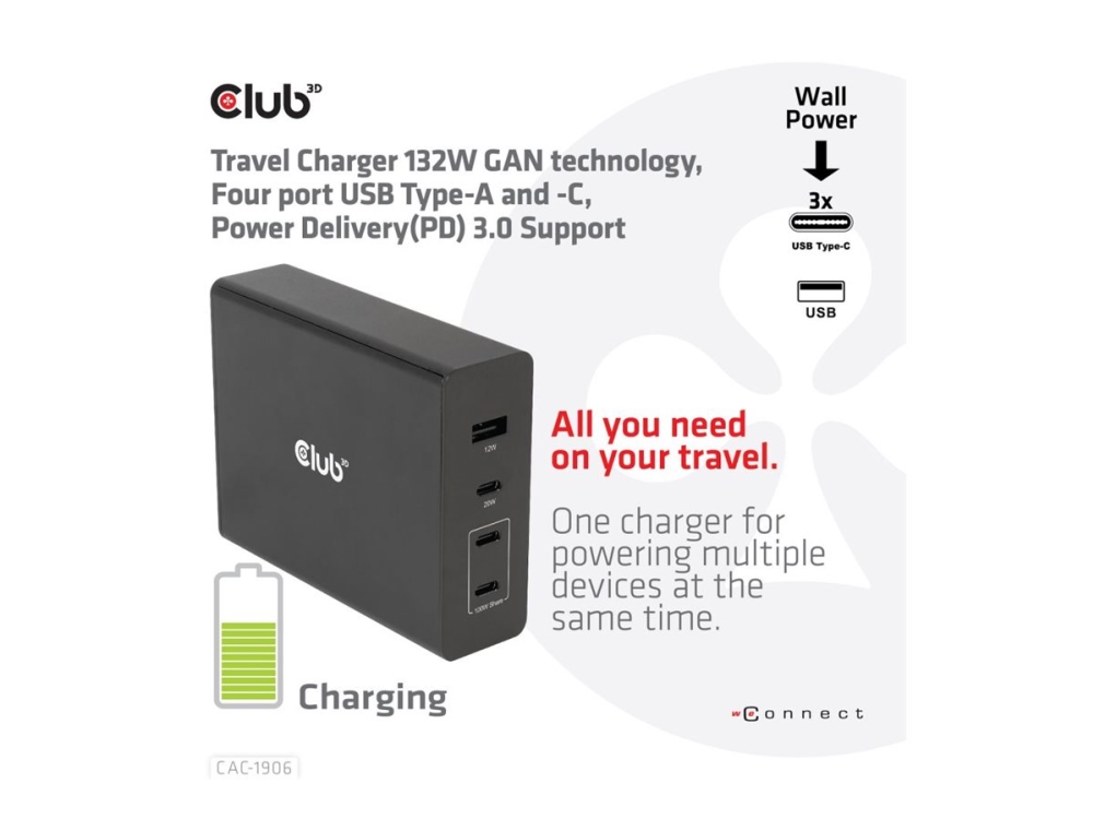 Club 3D CAC-1906 - Strömadapter - AC 100-240 V - 132 Watt - utgångskontakter: 4