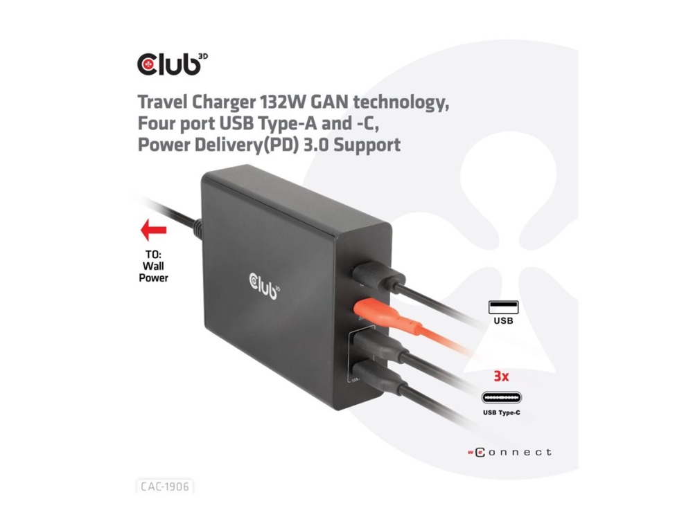 Club 3D CAC-1906 - Strömadapter - AC 100-240 V - 132 Watt - utgångskontakter: 4 | Datorer & Surfplattor - Bärbara tillbehör - Nätaggregat | GameStuff