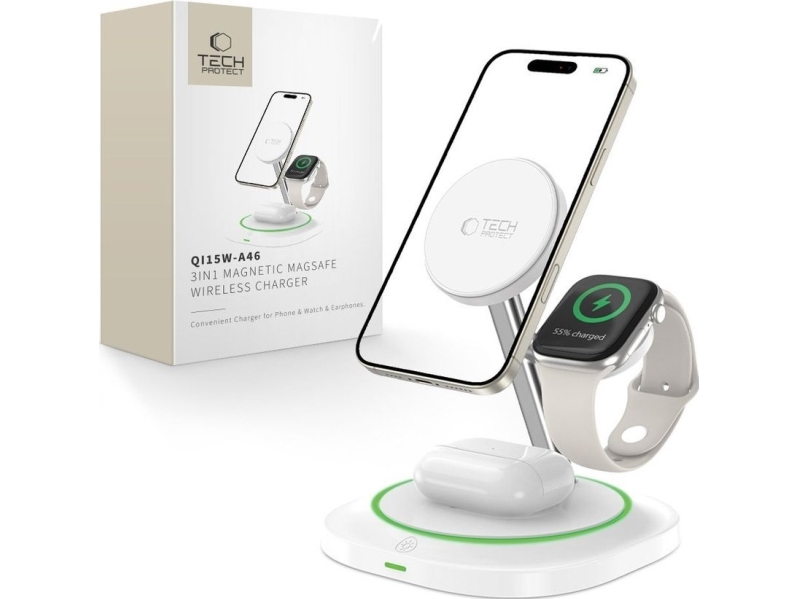 Tech-Protect Qi15w-A46 3In1 Magnetic Magsafe Wireless Charger White Standard