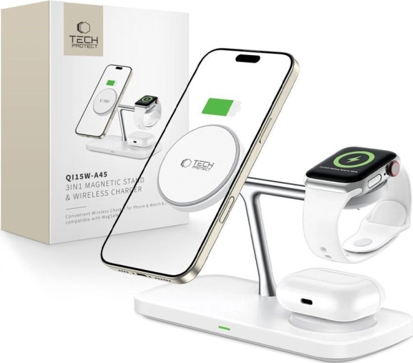 Tech-Protect Qi15w-A45 3In1 Magnetic Magsafe Wireless Charger White Standard