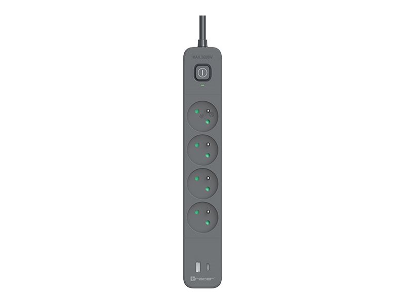 Tracer Powerline + - Stikdåse - Mobilklar - 3680 Watt - Output-Stikforbindelser: 4 (Usb-C (18W Pd), 4 X Strøm Type E, Usb) - 1.5 M Ledning - Grafit