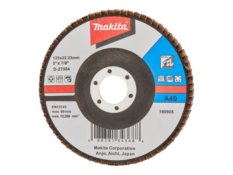 Makita - Lamellslipskiva - f&ouml;r tr&auml;, metall, plast, icke-j&auml;rnhaltig metall - 125 mm - grus: A40 - f&ouml;r Makita GA005GZ, GA008GM201, GA008GZ  XGT GA005GZ