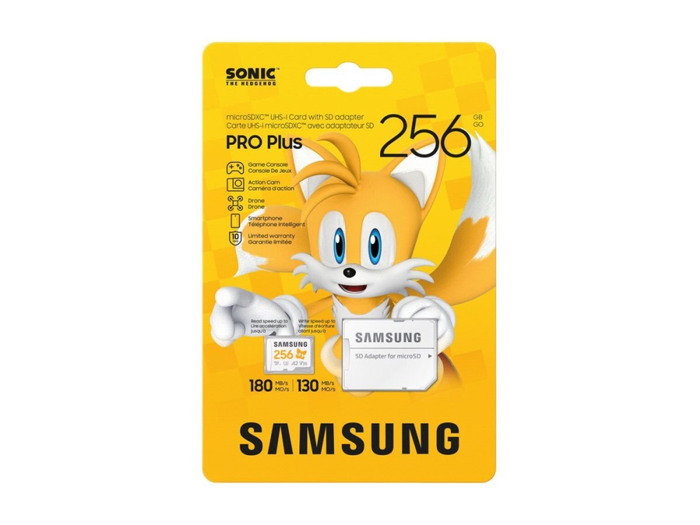 Samsung Pro Plus Mb-Md256sa - Sonic The Hedgehog Flashhukommelseskort (Microsdxc Til Sd Adapter Inkluderet) - 256 Gb - A2 / Video Class V30 / Uhs-I U