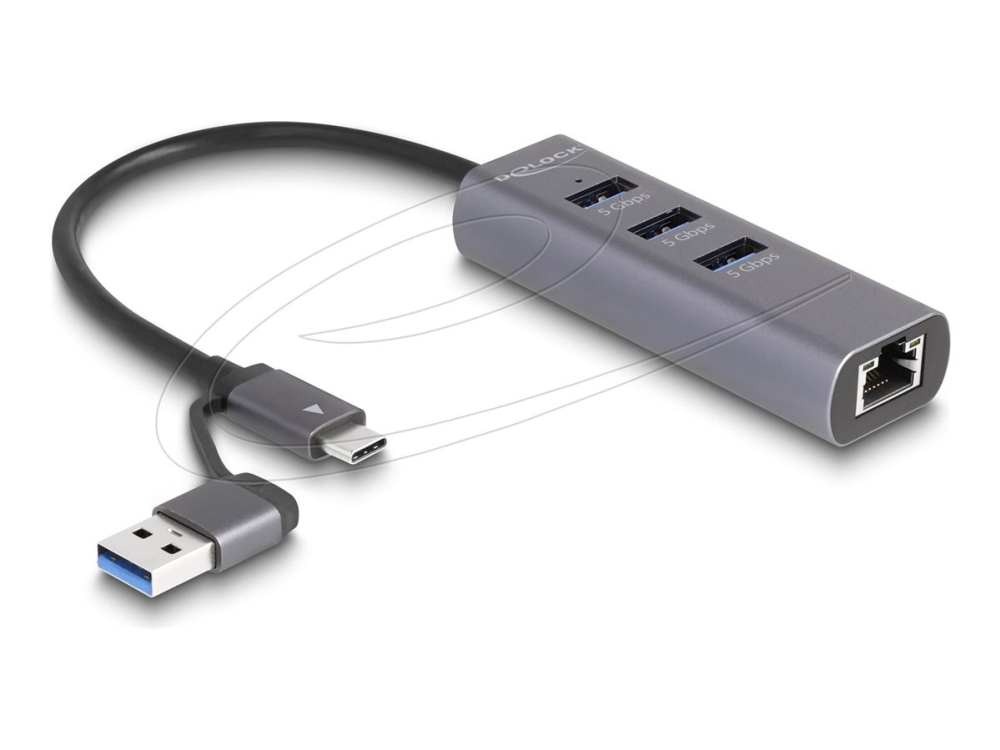 Delock 3 Port Usb 5 Gbps Hub + Gigabit Lan Mit Usb Type-C Oder Usb Typ-A Anschluss Im Metallgehäuse, Kabelgebunden, Usb 3.2 Gen 1 (3.1 Gen 1) Type-C,