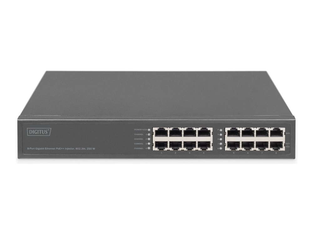 Digitus - Strøminjektor (Stativ-Monterbar / Ekstern) - 8-Port Gigabit Ethernet, 802.3Bt - Ac 100-240 V - 250 Watt - Output-Stikforbindelser: 8 - 1U