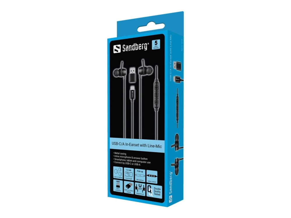 Sandberg Usb-C/A In-Earset With Line-Mic, Kabelgebunden, Anrufe/Musik, 20 - 20000 Hz, 28 G, Kopfhörer, Schwarz