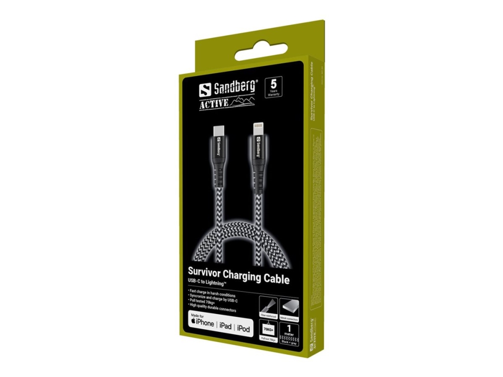 Sandberg Survivor Usb-C Pd>Lightning 1M, 1 M, Lightning, Usb C, Männlich, Männlich, Schwarz, Weiß