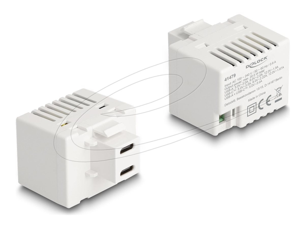 Delock - Strømforsyningsadapter - 20 Watt - 3 A - Pd - 2 Output-Stikforbindelser (Usb-C) - Hvid