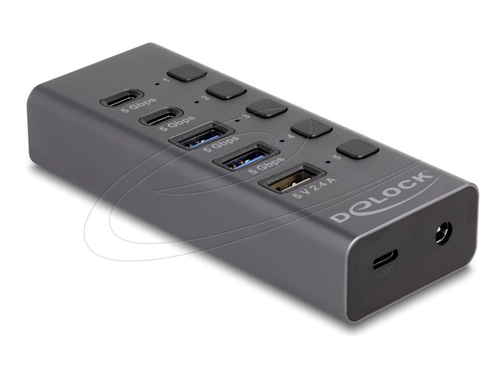 Delock - Hub - 5 Gbps, 1 Hurtigopladerport, + Schalter - 3 X Usb + 2 X Usb-C - Desktop